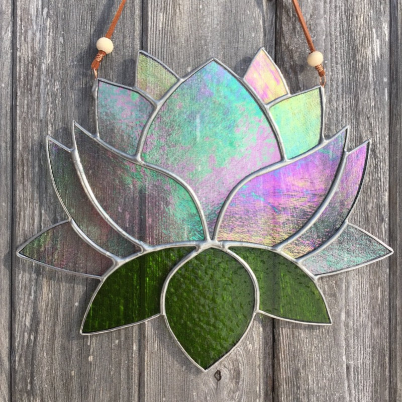 Stained glass lotus sun catcher - home decor inspired by nature - handmade in Vermont by artist Carrie Root of the Root Studio.
