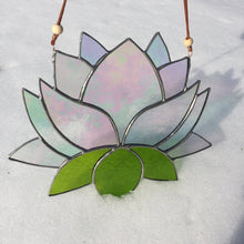 Stained glass lotus sun catcher - home decor inspired by nature - handmade in Vermont by artist Carrie Root of the Root Studio.