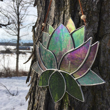 Stained glass lotus sun catcher - home decor inspired by nature - handmade in Vermont by artist Carrie Root of the Root Studio.