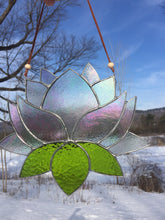 Stained glass lotus sun catcher - home decor inspired by nature - handmade in Vermont by artist Carrie Root of the Root Studio.