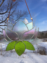 Stained glass lotus sun catcher - home decor inspired by nature - handmade in Vermont by artist Carrie Root of the Root Studio.