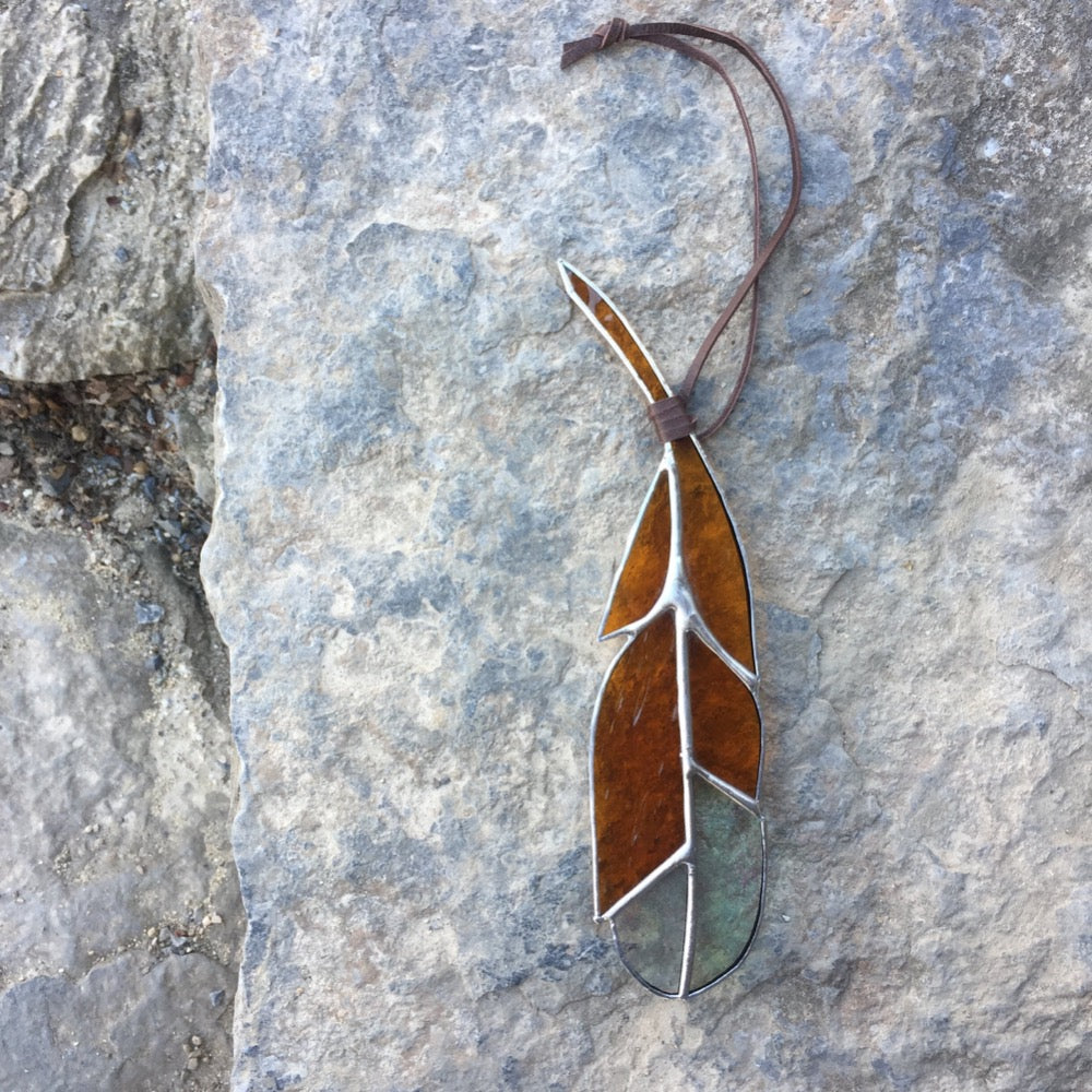 stained glass home decor feather handmade in vermont by artist carrie root  of the root studio