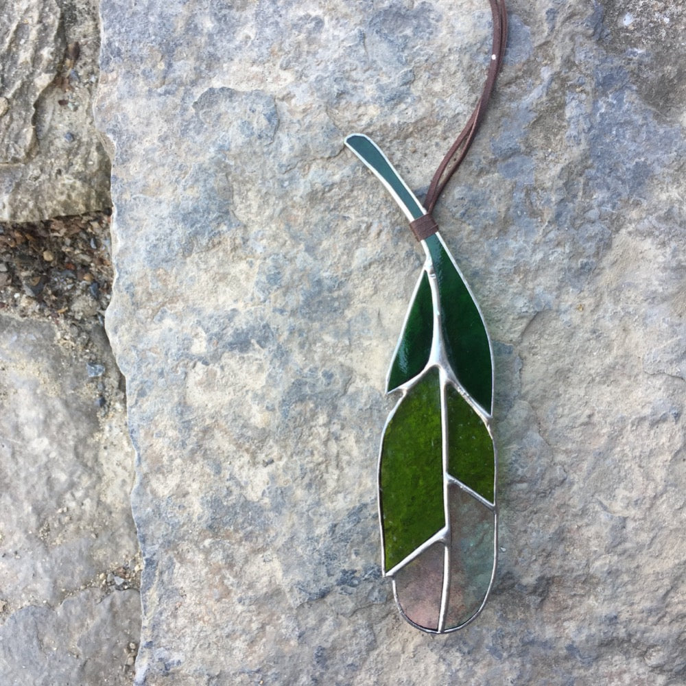 stained glass home decor feather handmade in vermont by artist carrie root  of the root studio