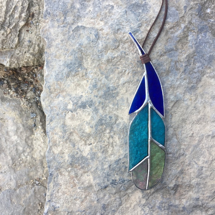 stained glass home decor feather handmade in vermont by artist carrie root  of the root studio