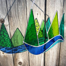 green mountains and lake stained glass handmade by artist carrie root of the root studio in addison, vermont