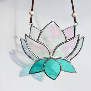 stained glass lotus home decor sun catcher. handmade in vermont by artist carrie root of the root studio. 