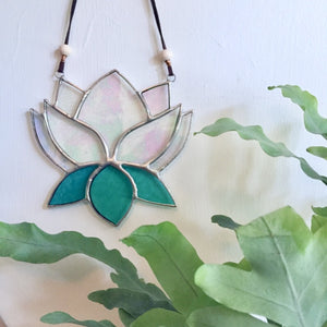 stained glass lotus home decor sun catcher. handmade in vermont by artist carrie root of the root studio. 