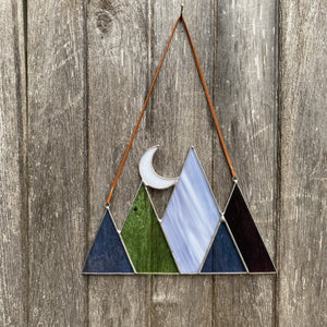 Stained glass mountain and moon home decor sun catcher handmade in vermont by carrie root of the root studio.