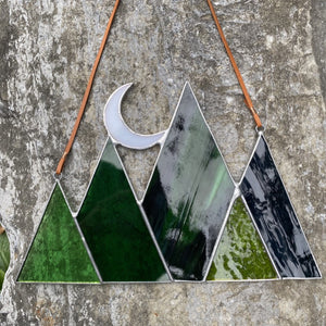 Stained glass mountain and moon home decor sun catcher handmade in vermont by carrie root of the root studio.
