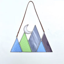 Stained glass mountain and moon home decor sun catcher handmade in vermont by carrie root of the root studio.