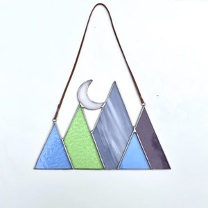 Stained glass mountain and moon home decor sun catcher handmade in vermont by carrie root of the root studio.