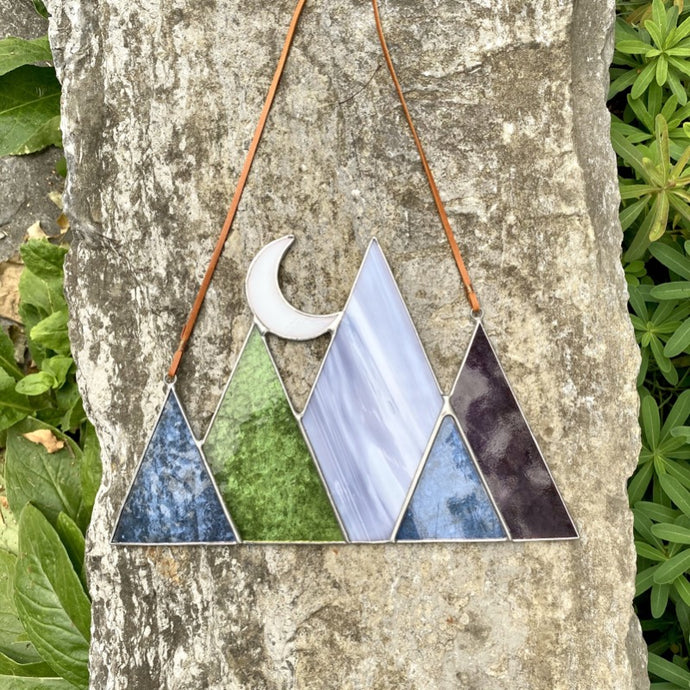 Stained glass mountain and moon home decor sun catcher handmade in vermont by carrie root of the root studio.