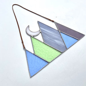 Stained glass mountain and moon home decor sun catcher handmade in vermont by carrie root of the root studio.