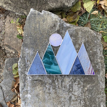 Mountainscape stained glass home decor art with a full moon accent. Handmade in vermont by artist carrie root of the root studio. 