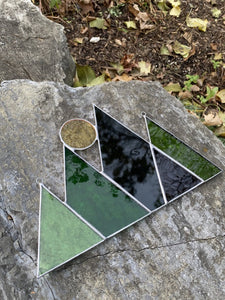 mountains and sun or moon stained glass home decor.  handmade in vermont by artist carrie root of the root studio.  green mountain art inspired by vermont